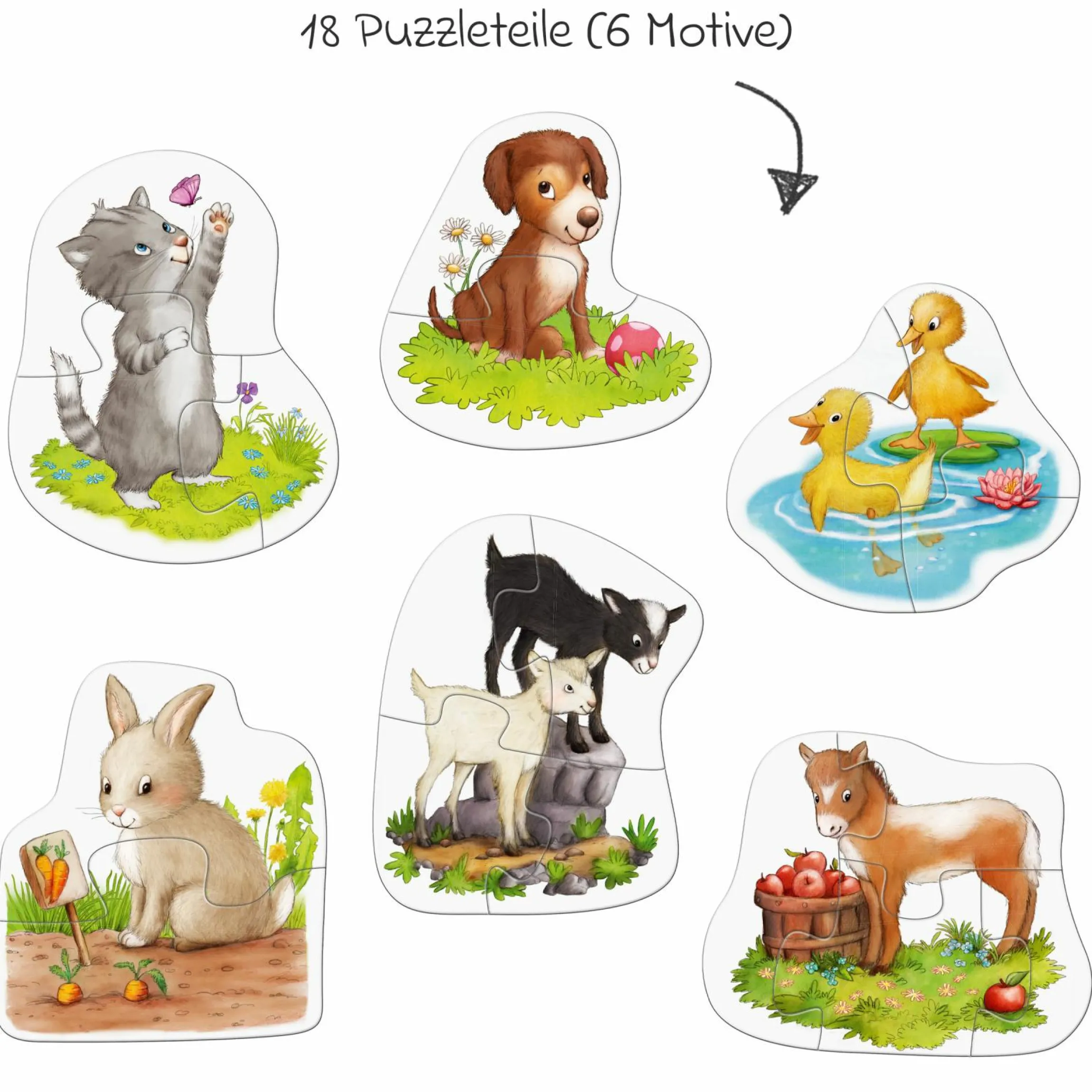 6 erste Puzzles - Tierkinder mit Spielfigur - 19 Teile