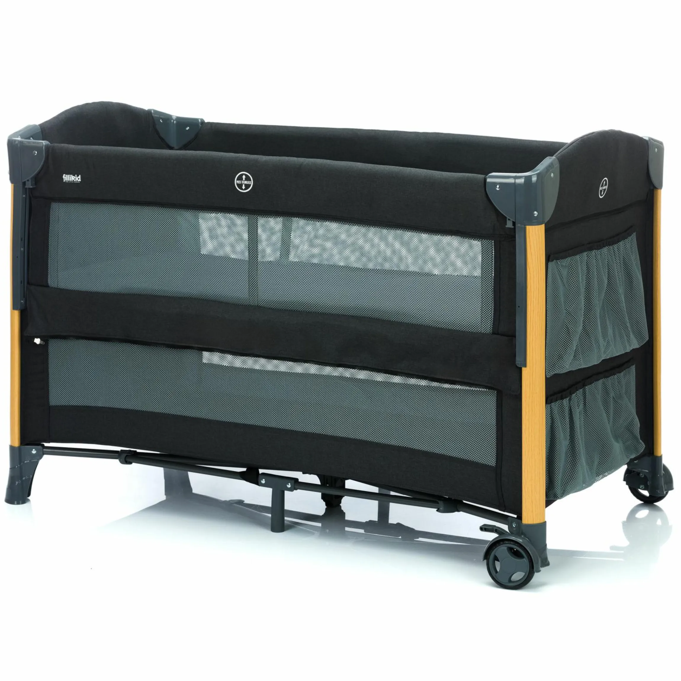 2 in 1 Reisebett & Beistellbett Cadiz in Holzoptik ab Geburt - 9 Monate mit höhenverstellbarem Boden und Rollen 120 x 60 cm - Grau Melange