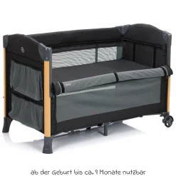 2 in 1 Reisebett & Beistellbett Cadiz in Holzoptik ab Geburt - 9 Monate mit höhenverstellbarem Boden und Rollen 120 x 60 cm - Grau Melange