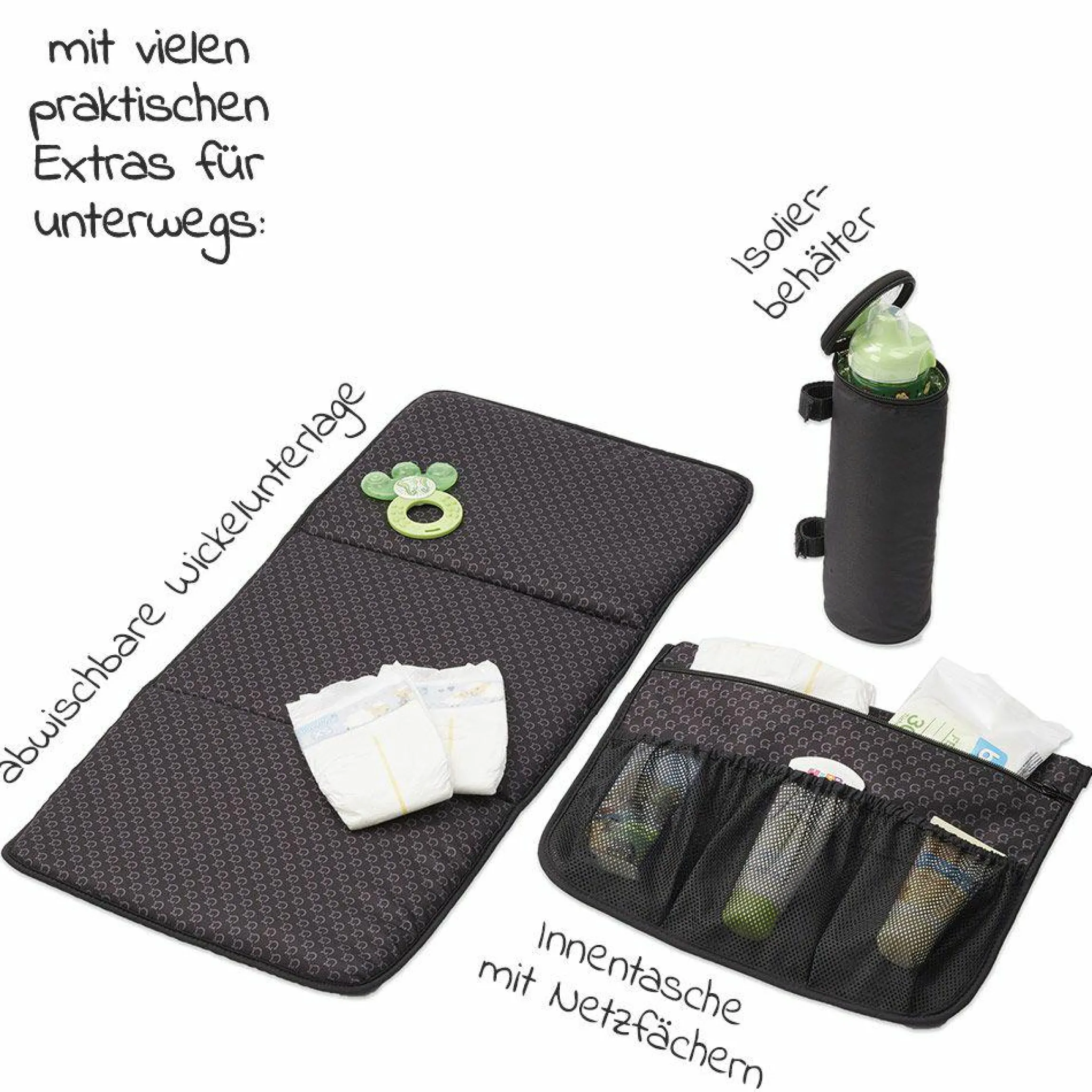 2 in 1 Wickelrucksack & Wickeltasche N°4 mit Wickelunterlage, Innentasche & Isolierbehälter - Schwarz - Kollektion 2024