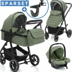 3-1 Kombi-Kinderwagen-Set Fill Jaguar mit Sportsitz, Babywanne & Matratze, Babyschale, Wickeltasche & Wickelauflage, Adapter, Getränkehalter, Regen- & Insektenschutz - Grün Melange
