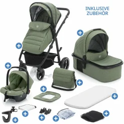3-1 Kombi-Kinderwagen-Set Fill Jaguar mit Sportsitz, Babywanne & Matratze, Babyschale, Wickeltasche & Wickelauflage, Adapter, Getränkehalter, Regen- & Insektenschutz - Grün Melange