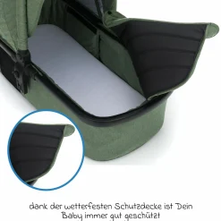 3-1 Kombi-Kinderwagen-Set Fill Jaguar mit Sportsitz, Babywanne & Matratze, Babyschale, Wickeltasche & Wickelauflage, Adapter, Getränkehalter, Regen- & Insektenschutz - Grün Melange