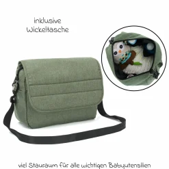 3-1 Kombi-Kinderwagen-Set Fill Jaguar mit Sportsitz, Babywanne & Matratze, Babyschale, Wickeltasche & Wickelauflage, Adapter, Getränkehalter, Regen- & Insektenschutz - Grün Melange