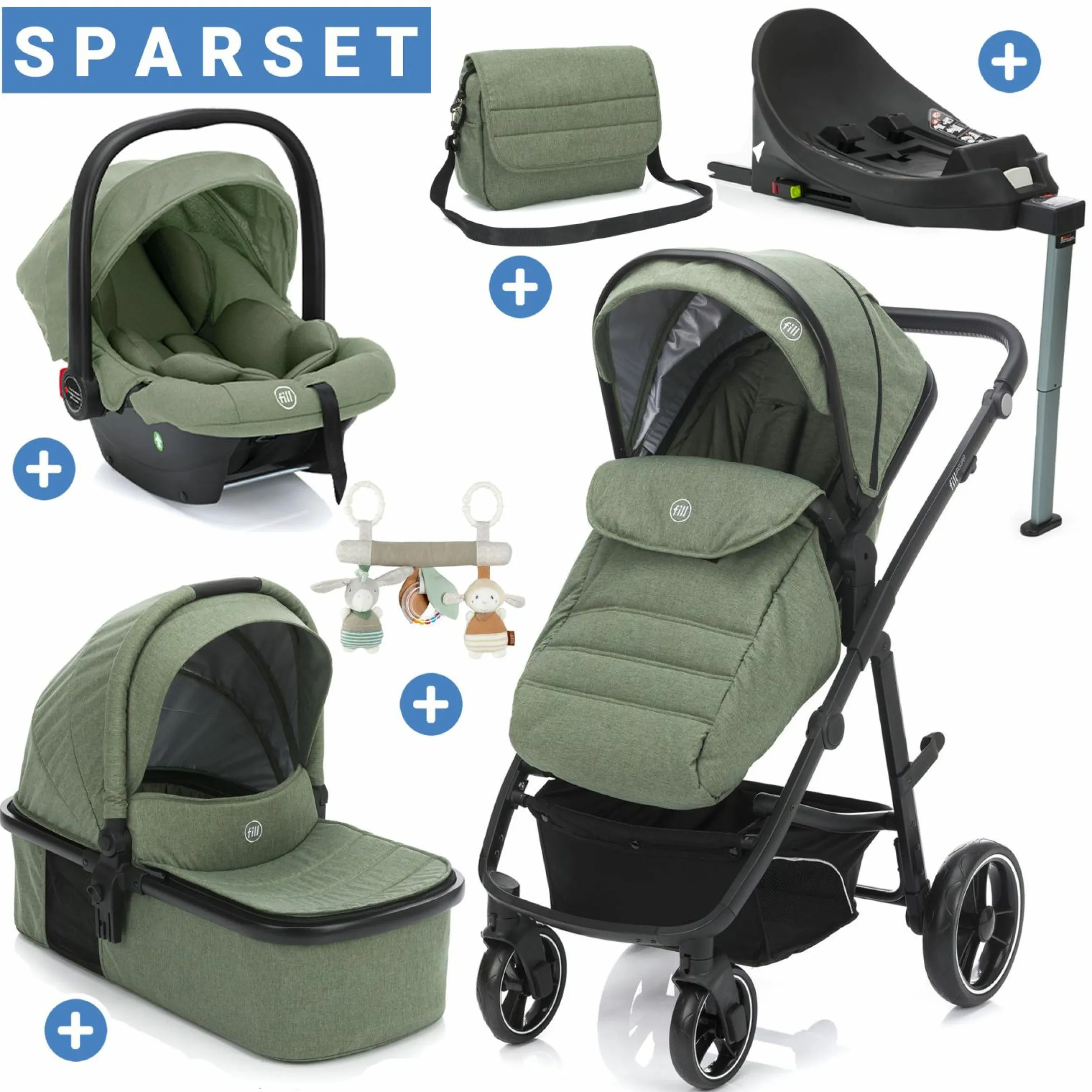 4-1 Kombi-Kinderwagen-Set Fill Jaguar mit Sportsitz, Babywanne & Matratze, Babyschale, Isofix-Basis, Wickeltasche & Wickelauflage, Adapter, Trapez, Regen- & Insektenschutz - Grün Melange