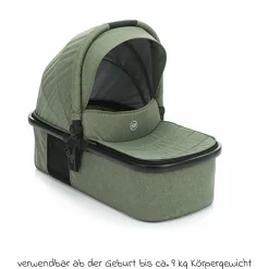 4-1 Kombi-Kinderwagen-Set Fill Jaguar mit Sportsitz, Babywanne & Matratze, Babyschale, Isofix-Basis, Wickeltasche & Wickelauflage, Adapter, Trapez, Regen- & Insektenschutz - Grün Melange