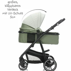 4-1 Kombi-Kinderwagen-Set Fill Jaguar mit Sportsitz, Babywanne & Matratze, Babyschale, Isofix-Basis, Wickeltasche & Wickelauflage, Adapter, Trapez, Regen- & Insektenschutz - Grün Melange