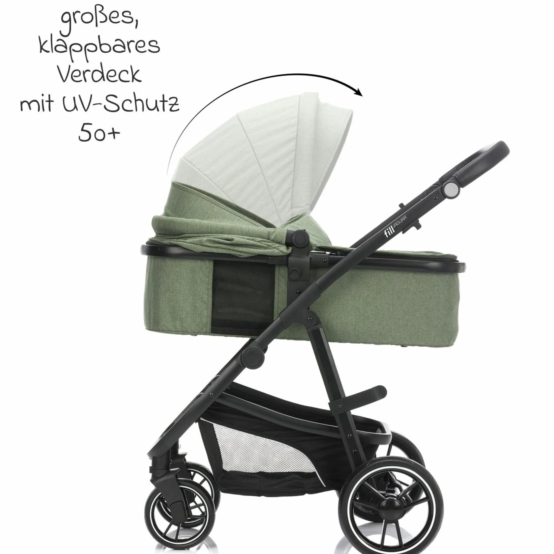 4-1 Kombi-Kinderwagen-Set Fill Jaguar mit Sportsitz, Babywanne & Matratze, Babyschale, Isofix-Basis, Wickeltasche & Wickelauflage, Adapter, Trapez, Regen- & Insektenschutz - Grün Melange