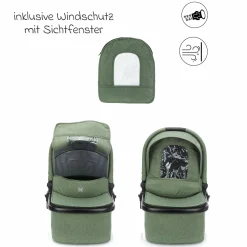 4-1 Kombi-Kinderwagen-Set Fill Jaguar mit Sportsitz, Babywanne & Matratze, Babyschale, Isofix-Basis, Wickeltasche & Wickelauflage, Adapter, Trapez, Regen- & Insektenschutz - Grün Melange