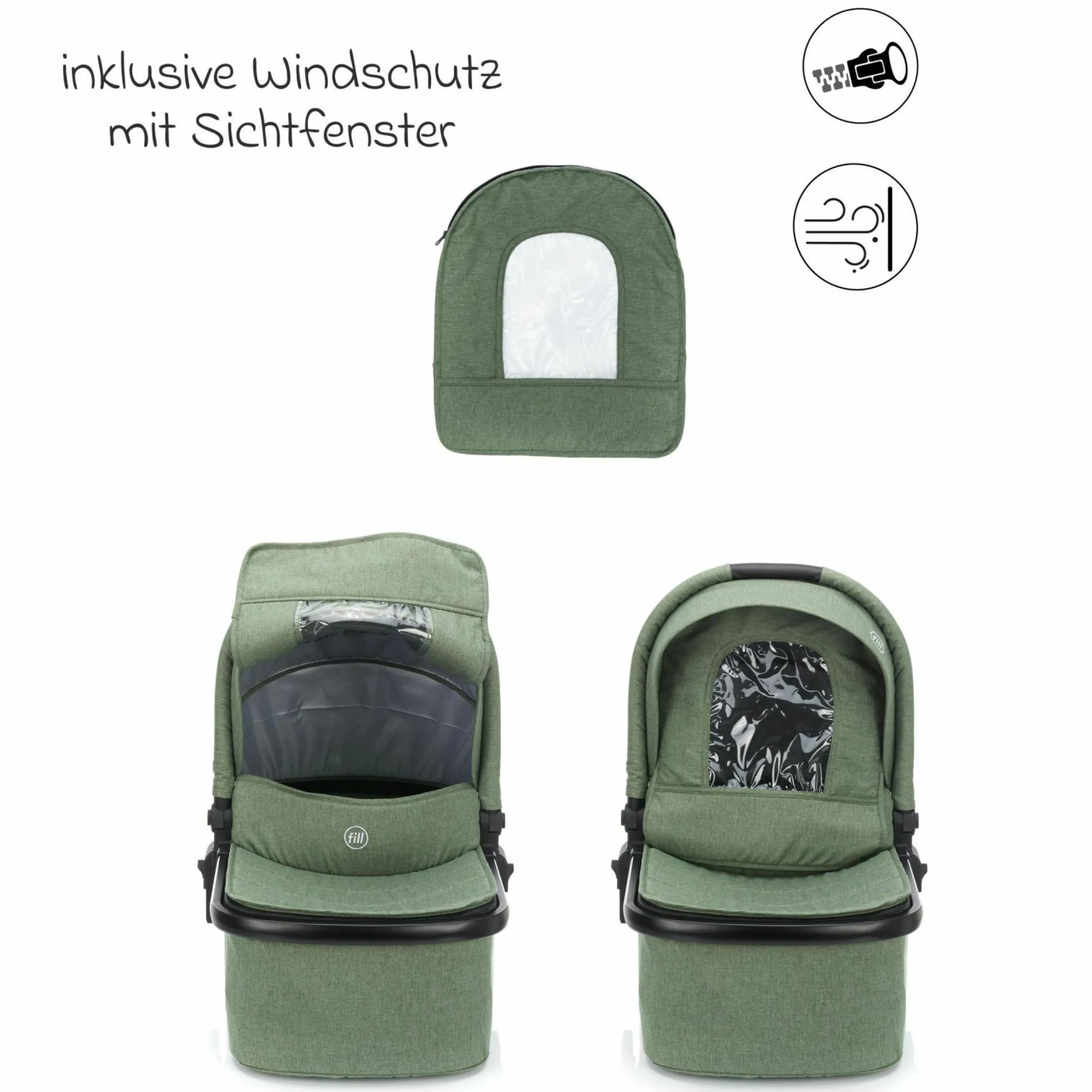 4-1 Kombi-Kinderwagen-Set Fill Jaguar mit Sportsitz, Babywanne & Matratze, Babyschale, Isofix-Basis, Wickeltasche & Wickelauflage, Adapter, Trapez, Regen- & Insektenschutz - Grün Melange