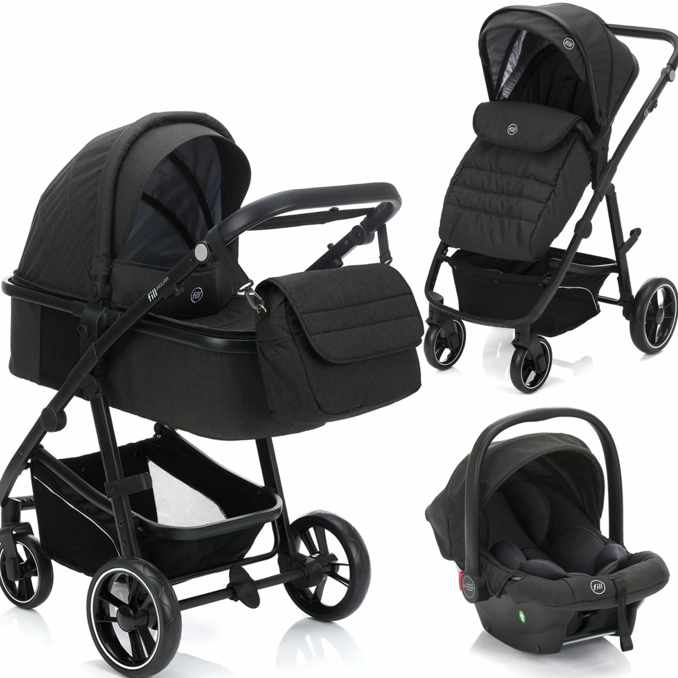 3-1 Kombi-Kinderwagen-Set Fill Jaguar mit Sportsitz, Babywanne mit Matratze, Babyschale, Wickeltasche mit Wickelauflage, Adapter, Regenschutz & Insektenschutz - Dunkelgrau Melange