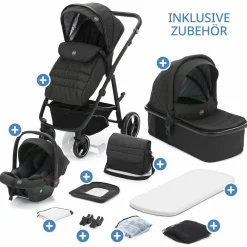 3-1 Kombi-Kinderwagen-Set Fill Jaguar mit Sportsitz, Babywanne mit Matratze, Babyschale, Wickeltasche mit Wickelauflage, Adapter, Regenschutz & Insektenschutz - Dunkelgrau Melange
