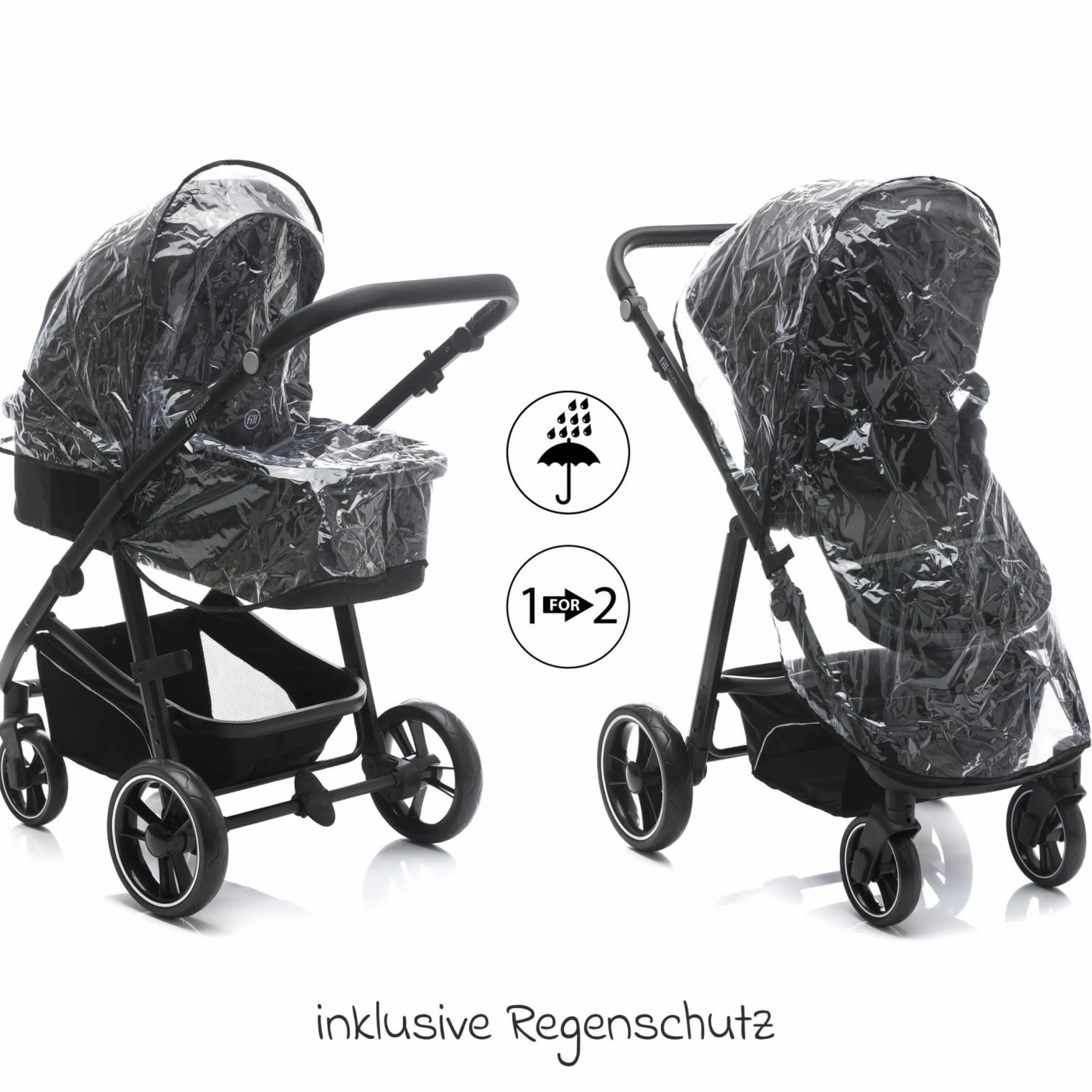 3-1 Kombi-Kinderwagen-Set Fill Jaguar mit Sportsitz, Babywanne mit Matratze, Babyschale, Wickeltasche mit Wickelauflage, Adapter, Regenschutz & Insektenschutz - Dunkelgrau Melange