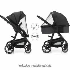 3-1 Kombi-Kinderwagen-Set Fill Jaguar mit Sportsitz, Babywanne mit Matratze, Babyschale, Wickeltasche mit Wickelauflage, Adapter, Regenschutz & Insektenschutz - Dunkelgrau Melange