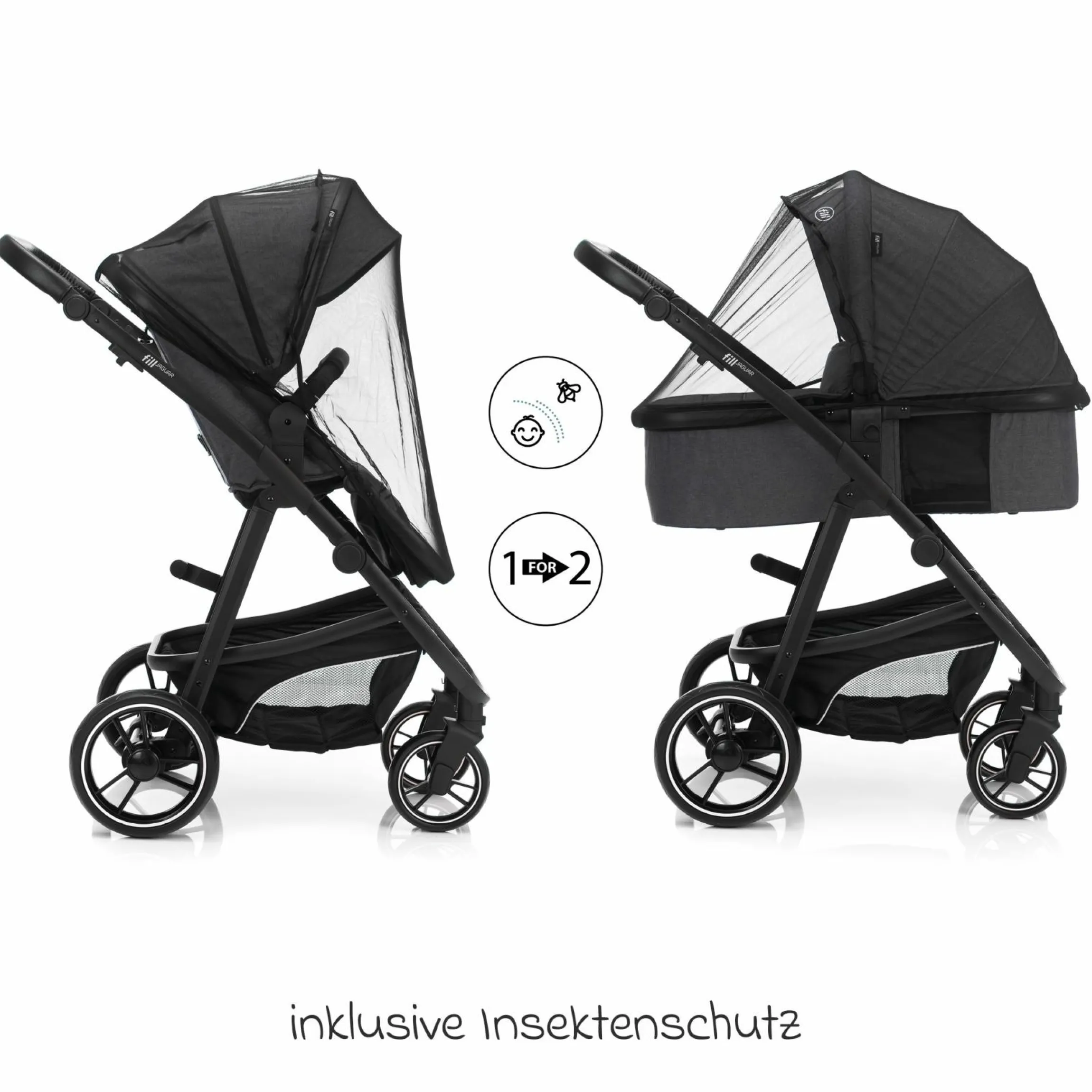 3-1 Kombi-Kinderwagen-Set Fill Jaguar mit Sportsitz, Babywanne mit Matratze, Babyschale, Wickeltasche mit Wickelauflage, Adapter, Regenschutz & Insektenschutz - Dunkelgrau Melange