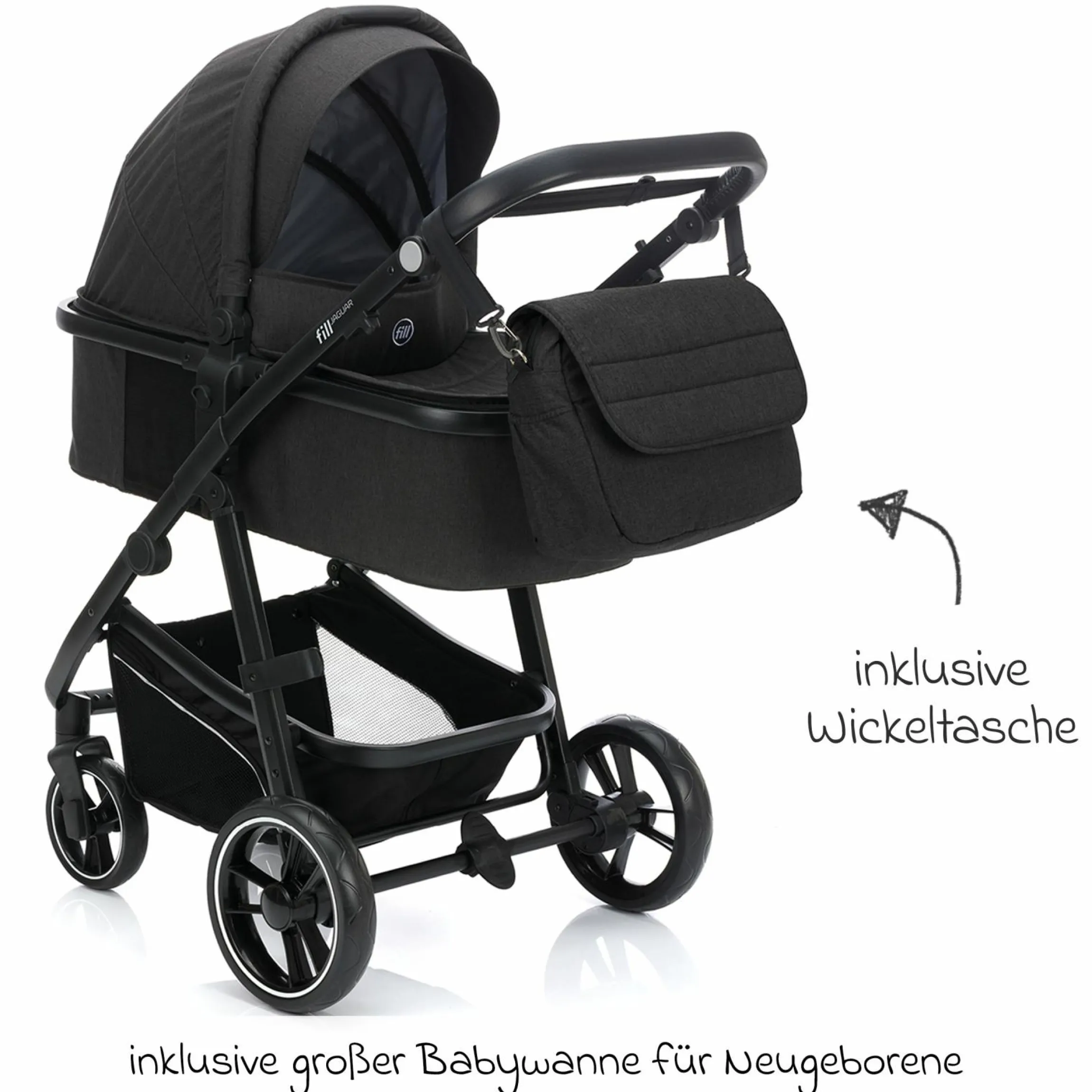 3-1 Kombi-Kinderwagen-Set Fill Jaguar mit Sportsitz, Babywanne mit Matratze, Babyschale, Wickeltasche mit Wickelauflage, Adapter, Regenschutz & Insektenschutz - Dunkelgrau Melange