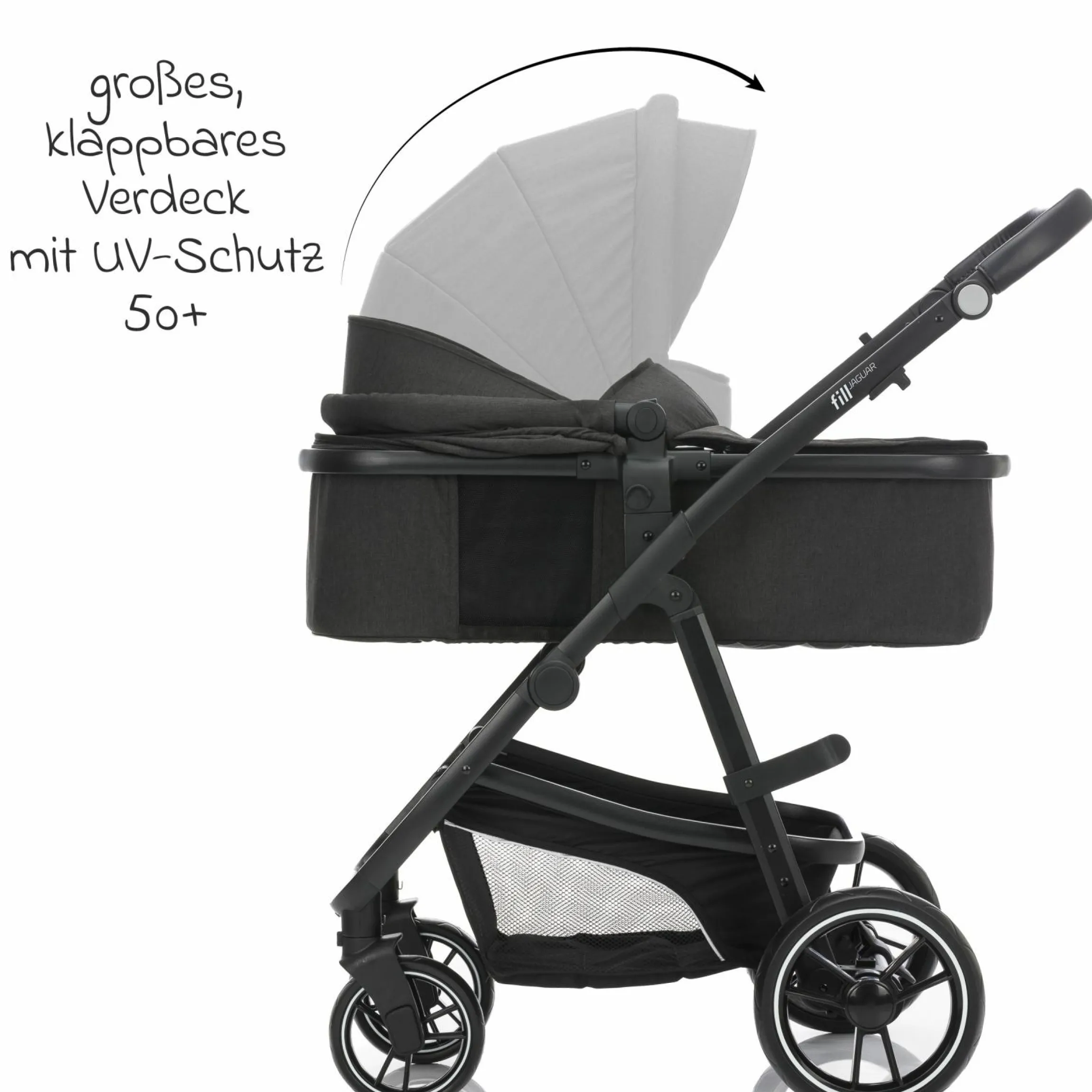 3-1 Kombi-Kinderwagen-Set Fill Jaguar mit Sportsitz, Babywanne mit Matratze, Babyschale, Wickeltasche mit Wickelauflage, Adapter, Regenschutz & Insektenschutz - Dunkelgrau Melange