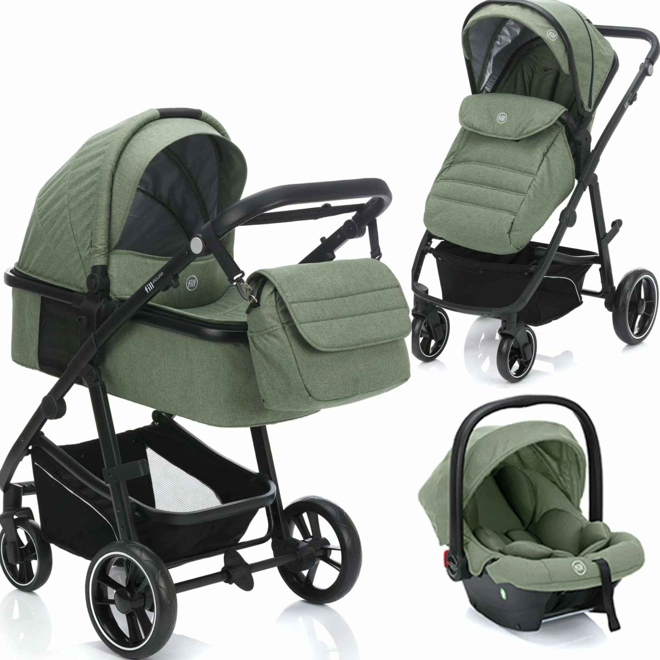 3-1 Kombi-Kinderwagen-Set Fill Jaguar mit Sportsitz, Babywanne mit Matratze, Babyschale, Wickeltasche mit Wickelauflage, Adapter, Regenschutz & Insektenschutz - Grün Melange