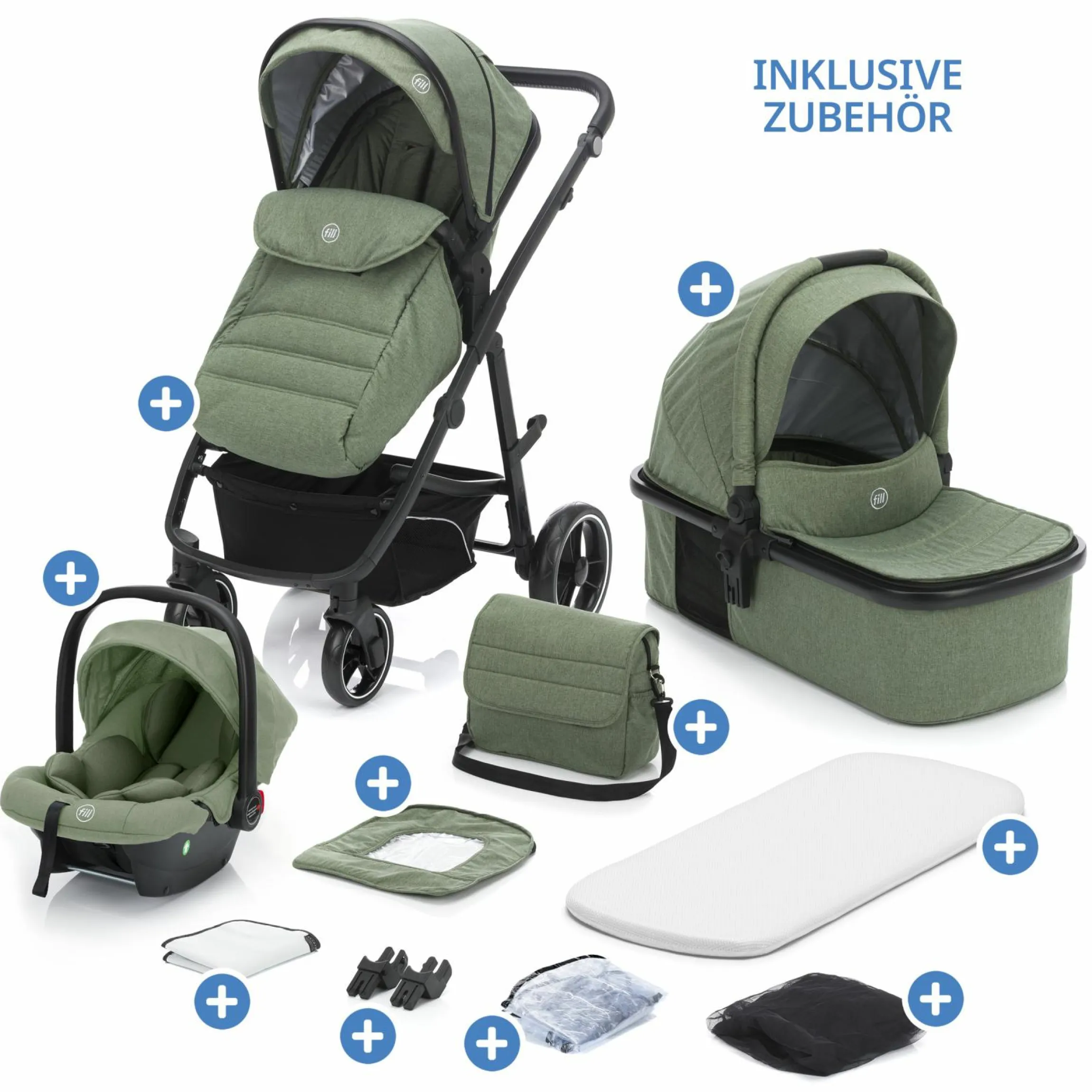 3-1 Kombi-Kinderwagen-Set Fill Jaguar mit Sportsitz, Babywanne mit Matratze, Babyschale, Wickeltasche mit Wickelauflage, Adapter, Regenschutz & Insektenschutz - Grün Melange