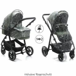 3-1 Kombi-Kinderwagen-Set Fill Jaguar mit Sportsitz, Babywanne mit Matratze, Babyschale, Wickeltasche mit Wickelauflage, Adapter, Regenschutz & Insektenschutz - Grün Melange