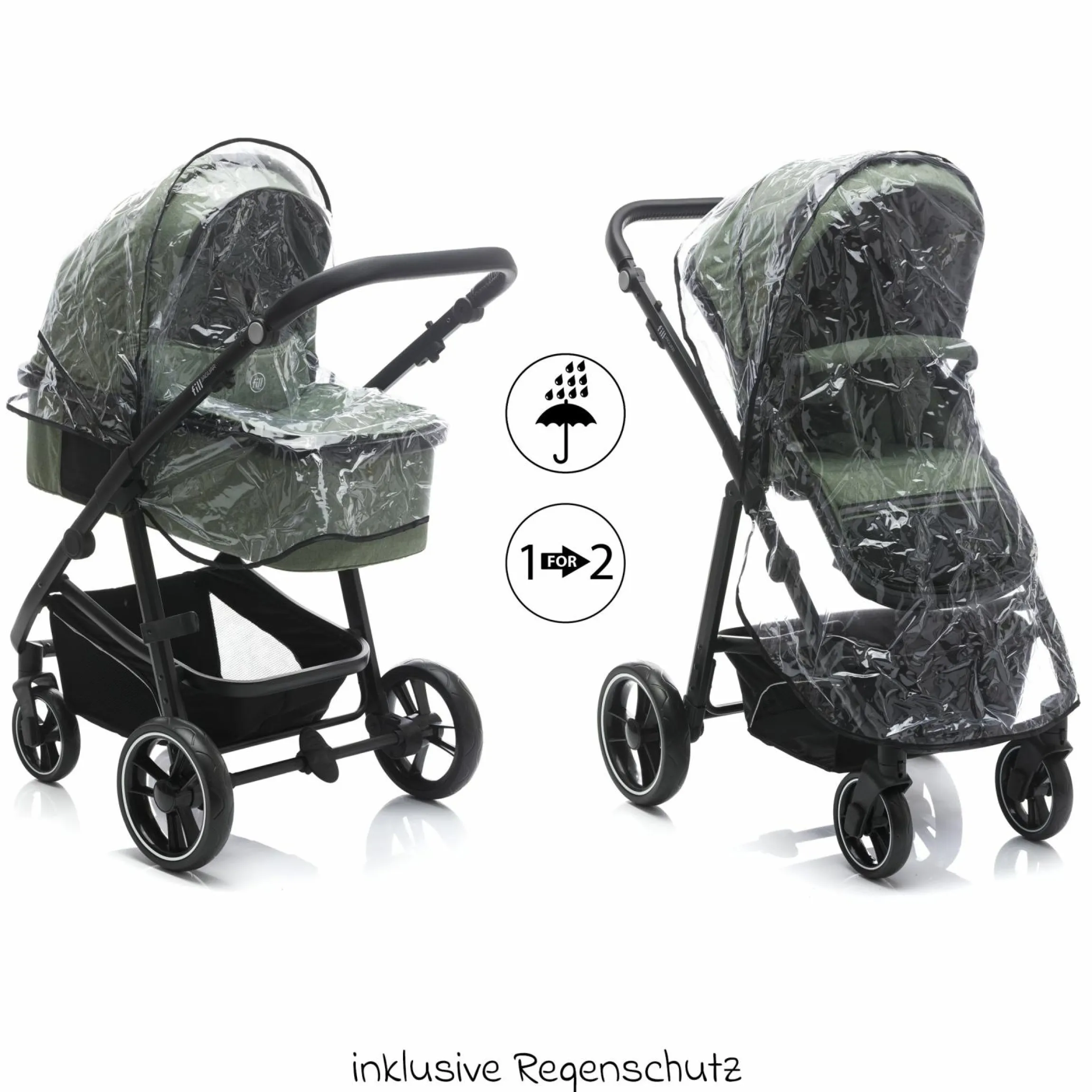 3-1 Kombi-Kinderwagen-Set Fill Jaguar mit Sportsitz, Babywanne mit Matratze, Babyschale, Wickeltasche mit Wickelauflage, Adapter, Regenschutz & Insektenschutz - Grün Melange