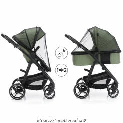 3-1 Kombi-Kinderwagen-Set Fill Jaguar mit Sportsitz, Babywanne mit Matratze, Babyschale, Wickeltasche mit Wickelauflage, Adapter, Regenschutz & Insektenschutz - Grün Melange