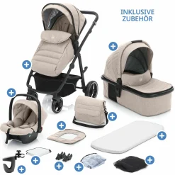 3-1 Kombi-Kinderwagen-Set Fill Jaguar mit Sportsitz, Babywanne & Matratze, Babyschale, Wickeltasche & Wickelauflage, Adapter, Getränkehalter, Regen- & Insektenschutz - Sand