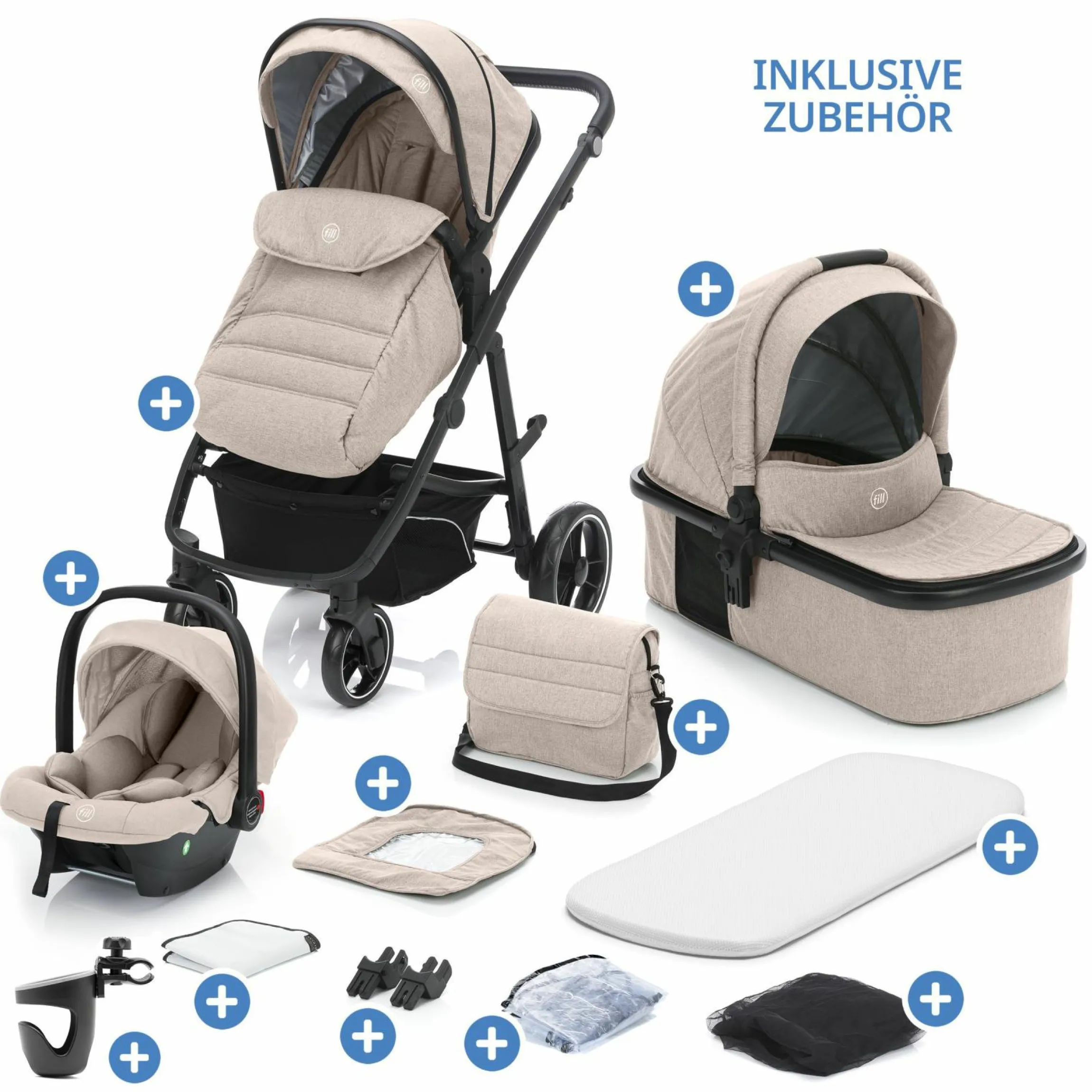 3-1 Kombi-Kinderwagen-Set Fill Jaguar mit Sportsitz, Babywanne & Matratze, Babyschale, Wickeltasche & Wickelauflage, Adapter, Getränkehalter, Regen- & Insektenschutz - Sand
