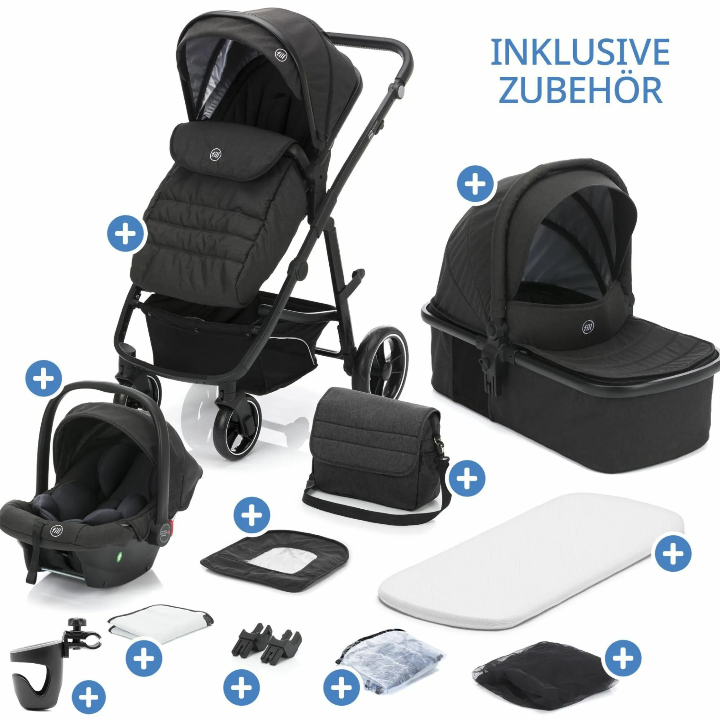 3-1 Kombi-Kinderwagen-Set Fill Jaguar mit Sportsitz, Babywanne & Matratze, Babyschale, Wickeltasche & Wickelauflage, Getränkehalter, Regen- & Insektenschutz - Dunkelgrau Melange