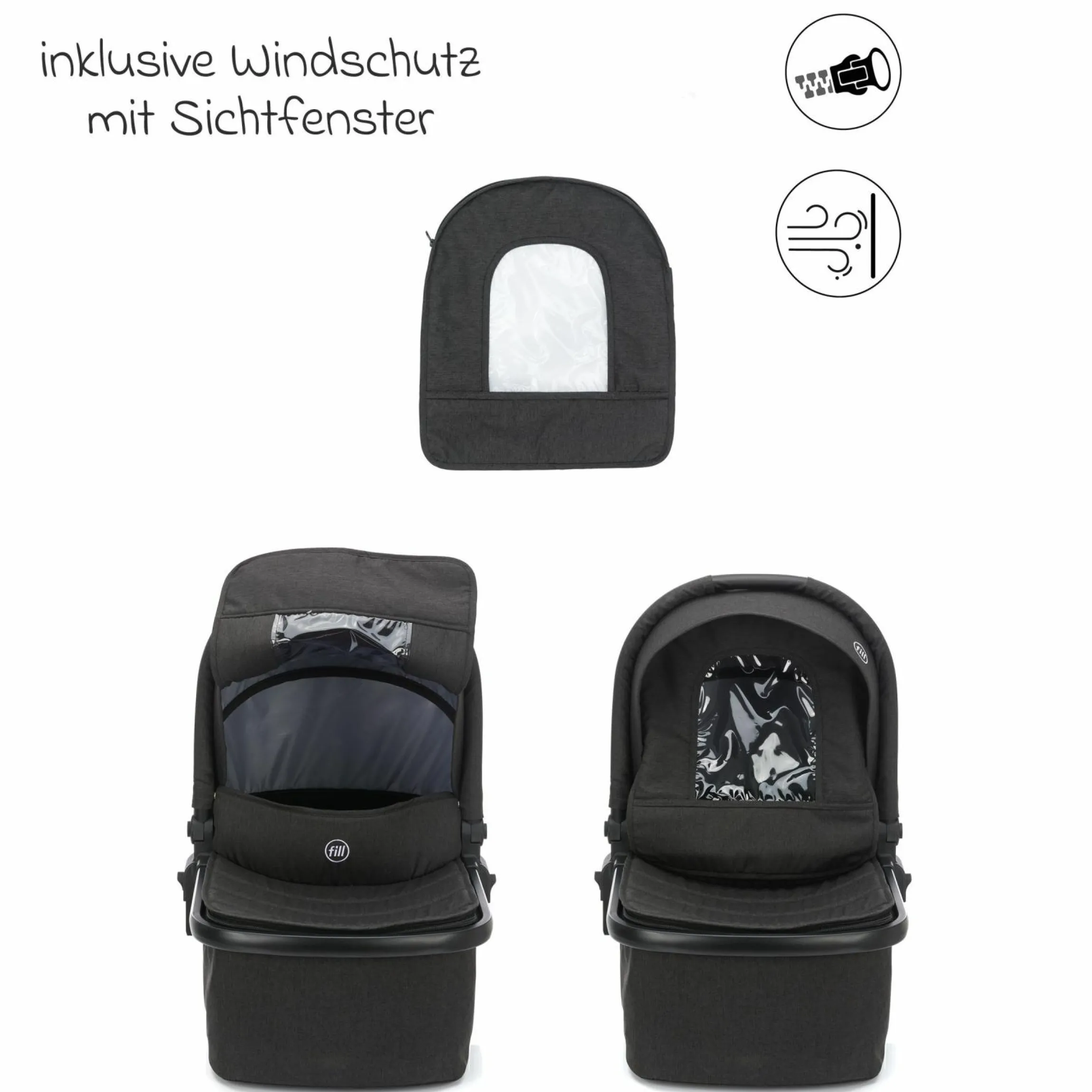 3-1 Kombi-Kinderwagen-Set Fill Jaguar mit Sportsitz, Babywanne & Matratze, Babyschale, Wickeltasche & Wickelauflage, Getränkehalter, Regen- & Insektenschutz - Dunkelgrau Melange