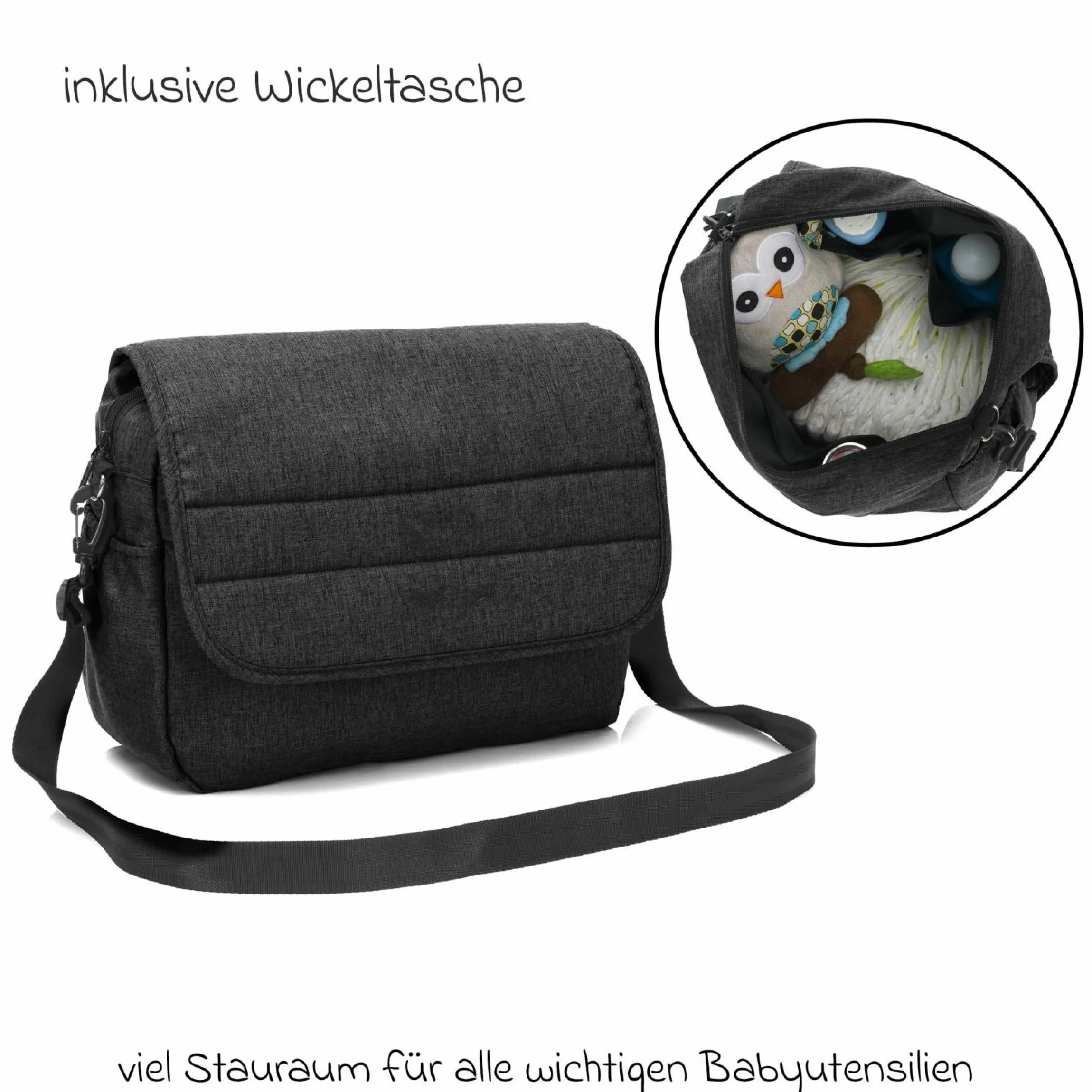 3-1 Kombi-Kinderwagen-Set Fill Jaguar mit Sportsitz, Babywanne & Matratze, Babyschale, Wickeltasche & Wickelauflage, Getränkehalter, Regen- & Insektenschutz - Dunkelgrau Melange