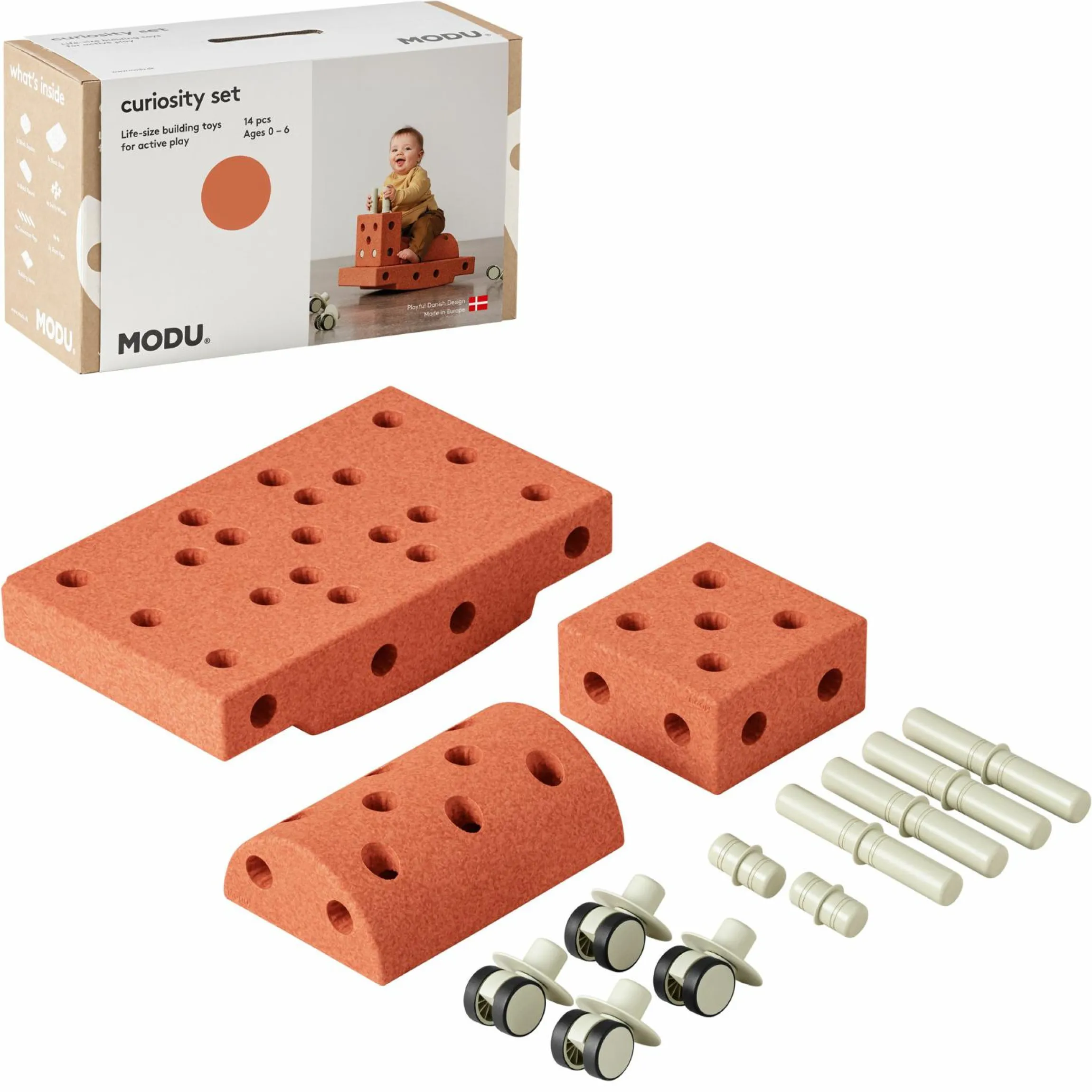 14 tlg. Baukasten Starter-Set Modu Playsystem Curiosity von 0 - 6 Jahre - Burnt Orange / Dusty Green
