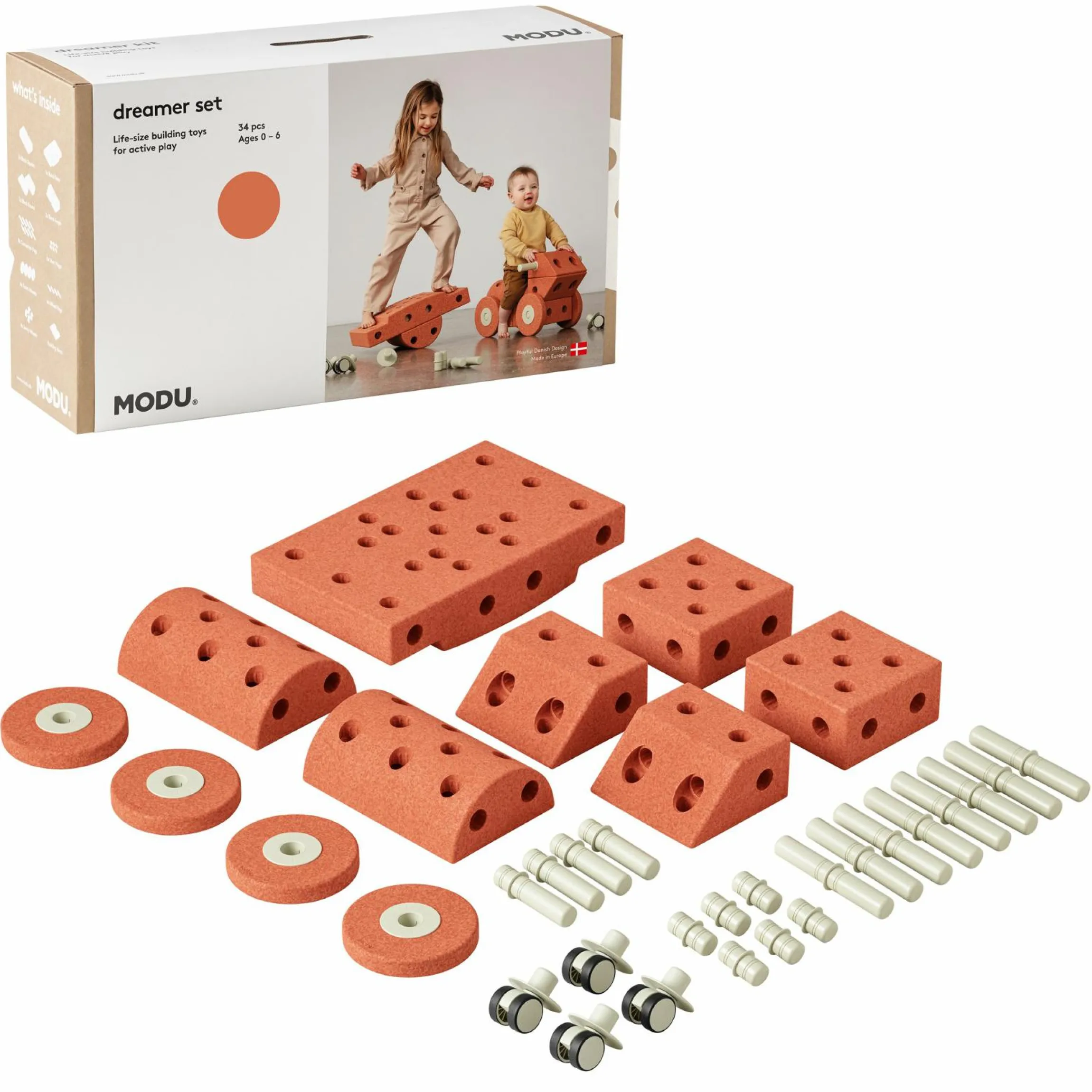 34 tlg. Baukasten Starter-Set Modu Playsystem Dreamer von 0 - 6 Jahre - Burnt Orange / Dusty Green