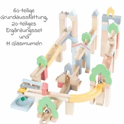 80- tlg. Kugelbahn 60-teilige Grundausstattung + 20-teiliges Ergänzungsset inkl. 11 Glasmurmeln - Natur / farbig lackiert