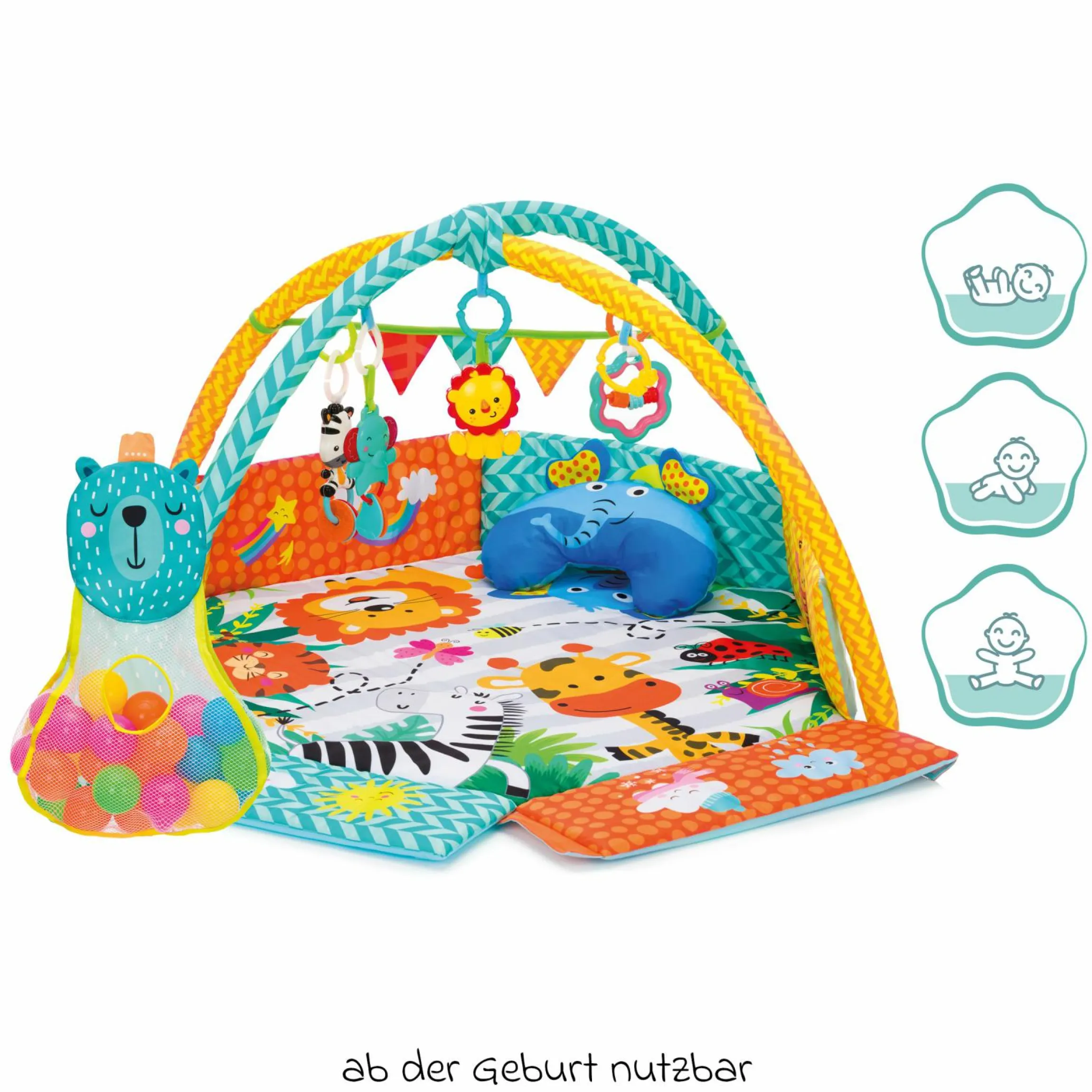 Aktivbogen-Spielmatte mit 30 Bällen, 4 Greiffiguren & Polster 120 x 100 cm - Bunt