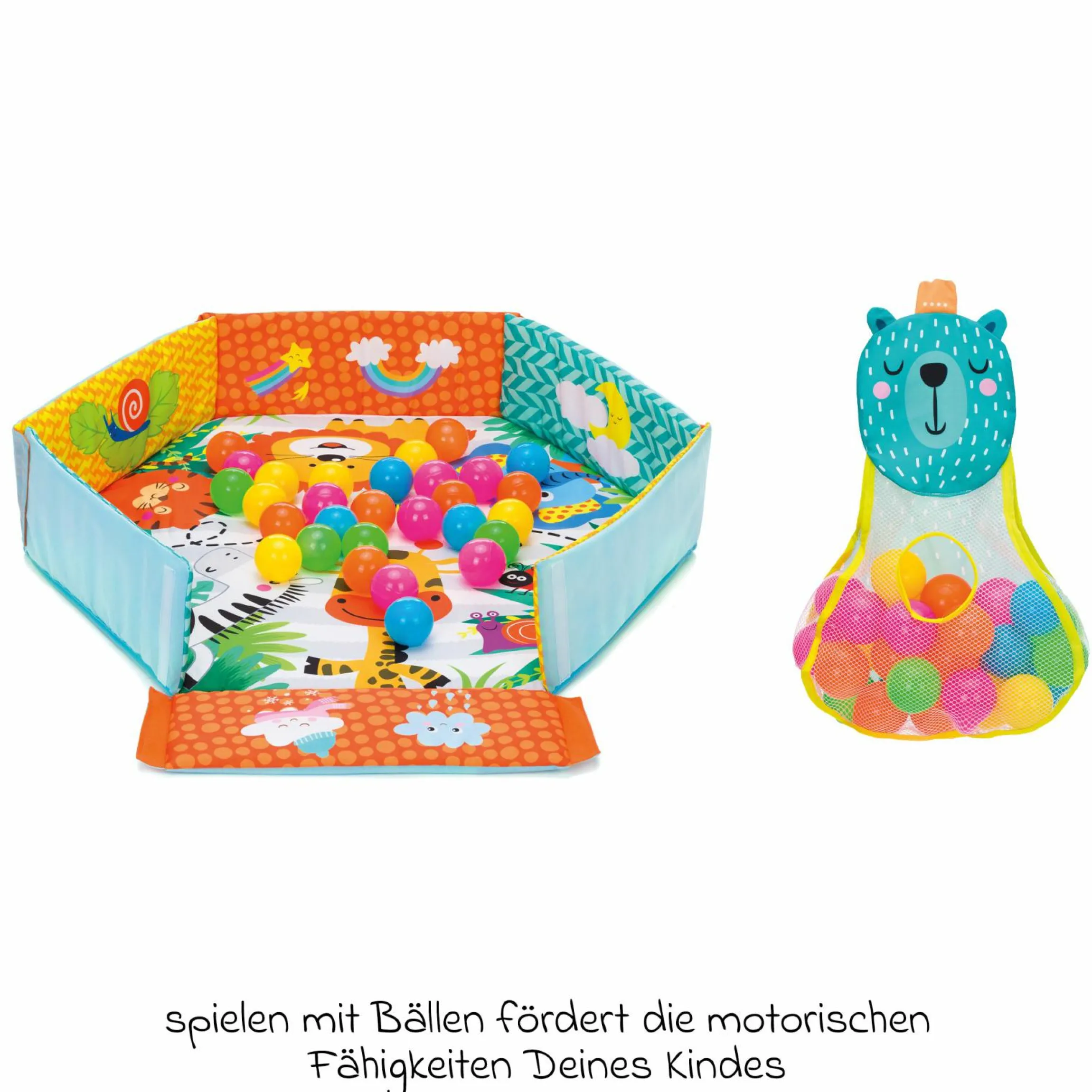 Aktivbogen-Spielmatte mit 30 Bällen, 4 Greiffiguren & Polster 120 x 100 cm - Bunt