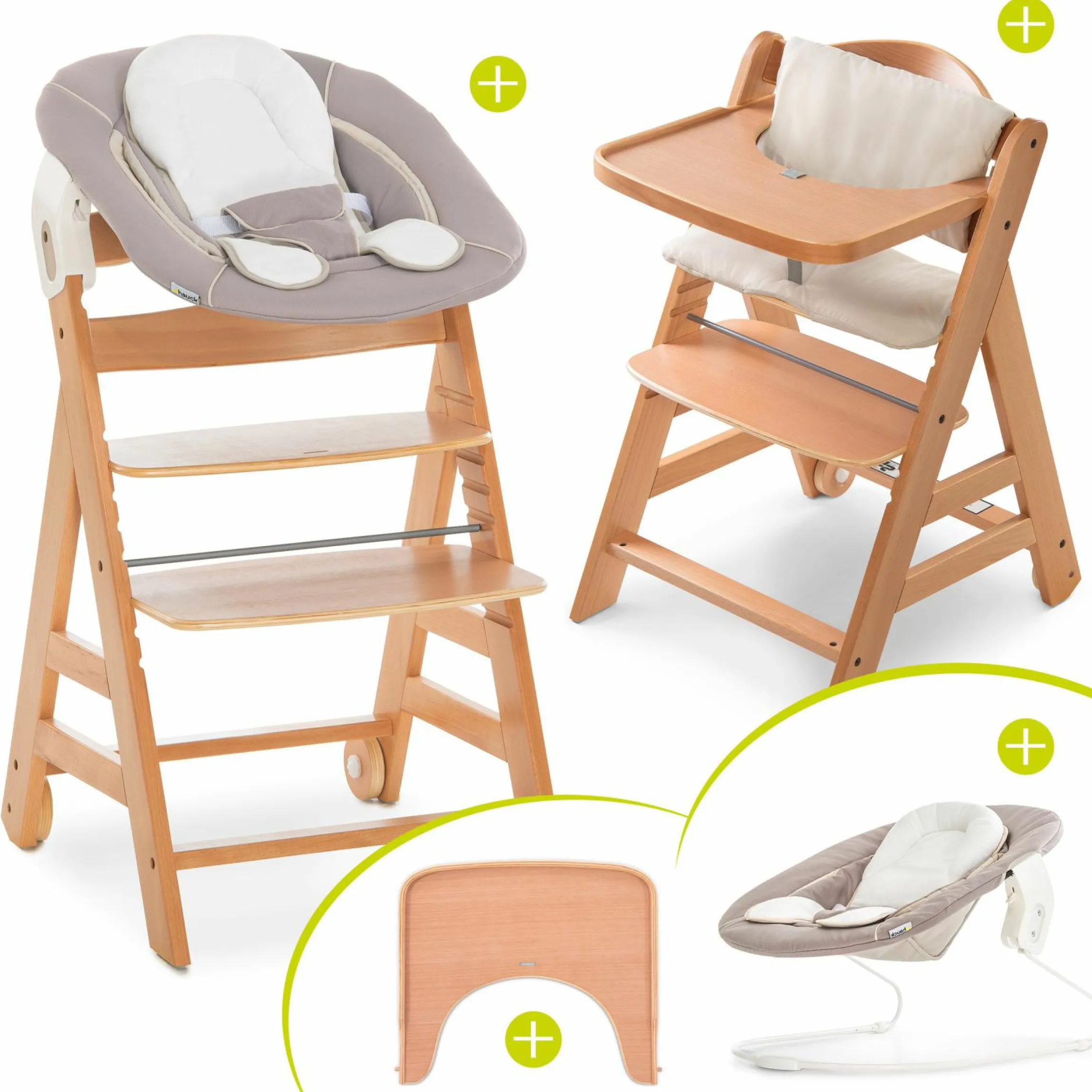 Alpha Move Natur Newborn Set - 5-tlg. Hochstuhl + Aufsatz & Wippe, Essbrett, Sitzkissen - Stretch Beige