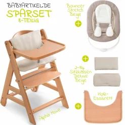 Alpha Move Natur Newborn Set - 5-tlg. Hochstuhl + Aufsatz & Wippe, Essbrett, Sitzkissen - Stretch Beige