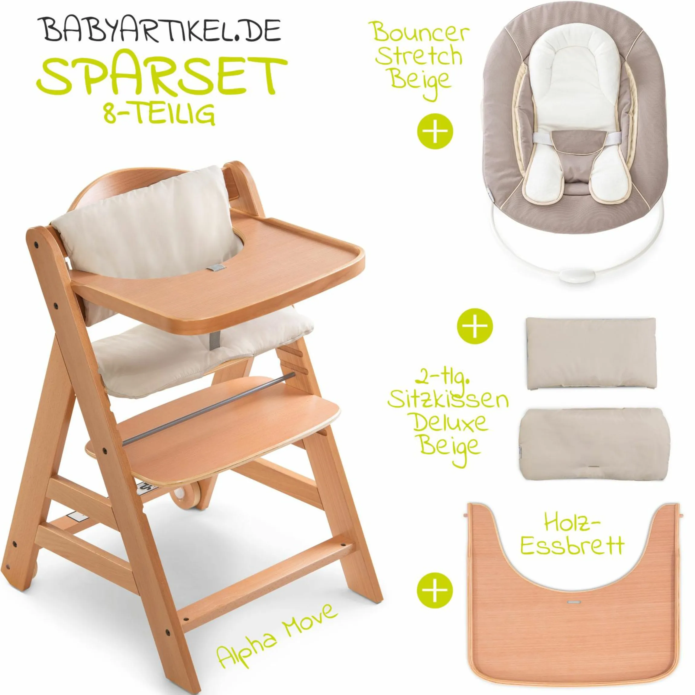 Alpha Move Natur Newborn Set - 5-tlg. Hochstuhl + Aufsatz & Wippe, Essbrett, Sitzkissen - Stretch Beige