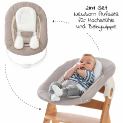 Alpha Move Natur Newborn Set - 5-tlg. Hochstuhl + Aufsatz & Wippe, Essbrett, Sitzkissen - Stretch Beige