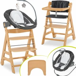 Alpha Move Natur 5-tlg. Newborn Set Deluxe - Hochstuhl + 2in1 Babyaufsatz & Wippe + Essbrett + Sitzkissen - Melange Grey