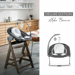 Alpha Move Natur 5-tlg. Newborn Set Deluxe - Hochstuhl + 2in1 Babyaufsatz & Wippe + Essbrett + Sitzkissen - Melange Grey