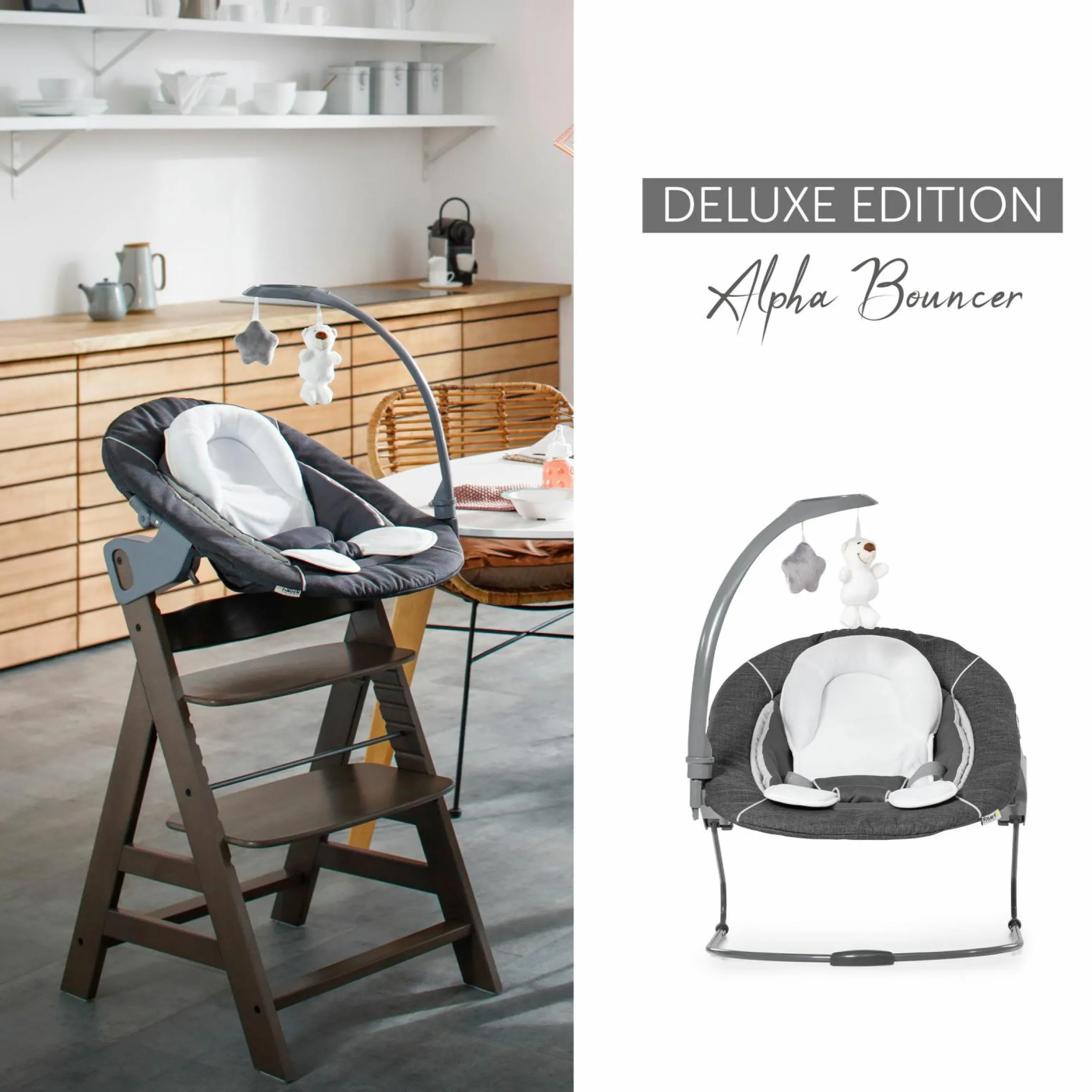 Alpha Move Natur 5-tlg. Newborn Set Deluxe - Hochstuhl + 2in1 Babyaufsatz & Wippe + Essbrett + Sitzkissen - Melange Grey