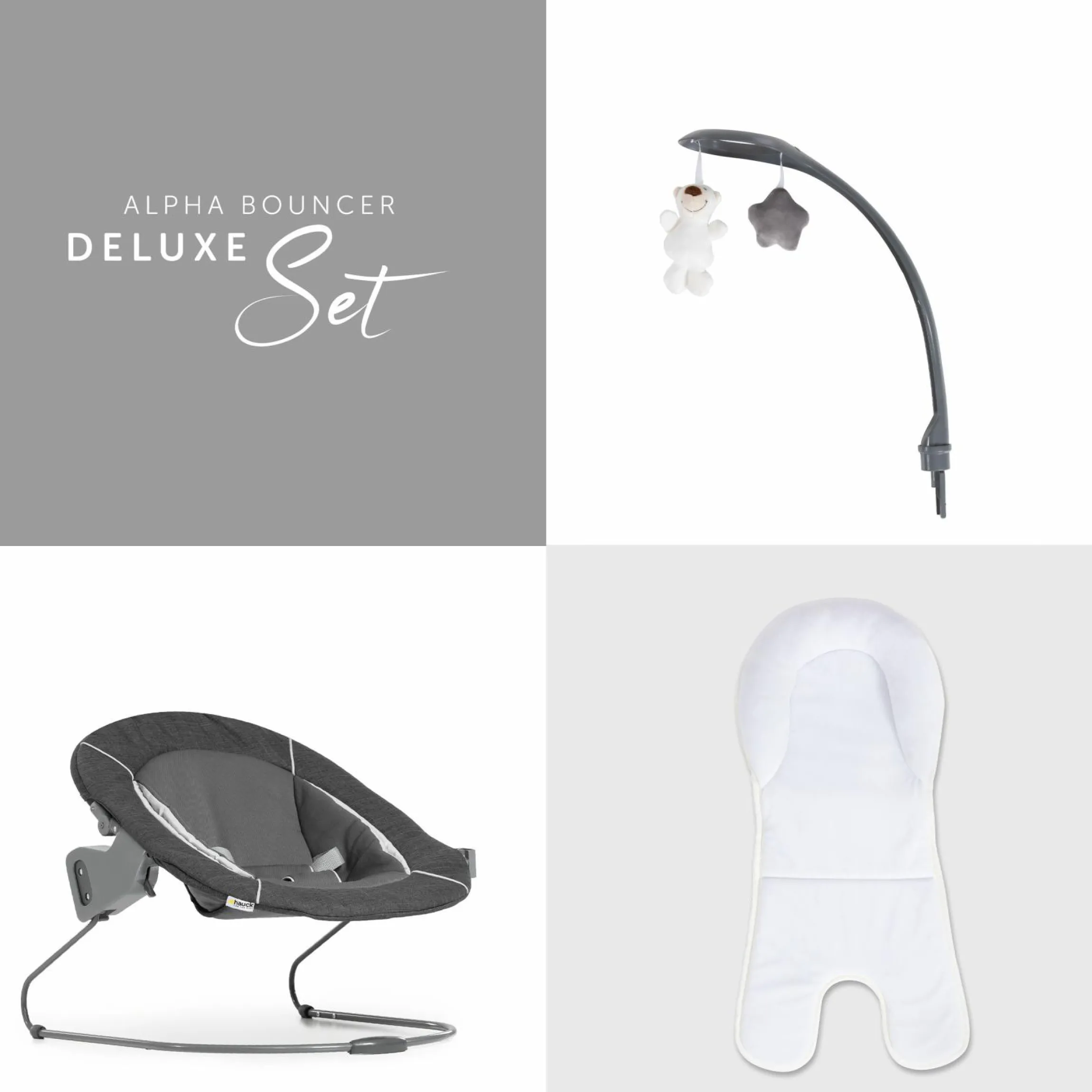 Alpha Move Natur 5-tlg. Newborn Set Deluxe - Hochstuhl + 2in1 Babyaufsatz & Wippe + Essbrett + Sitzkissen - Melange Grey