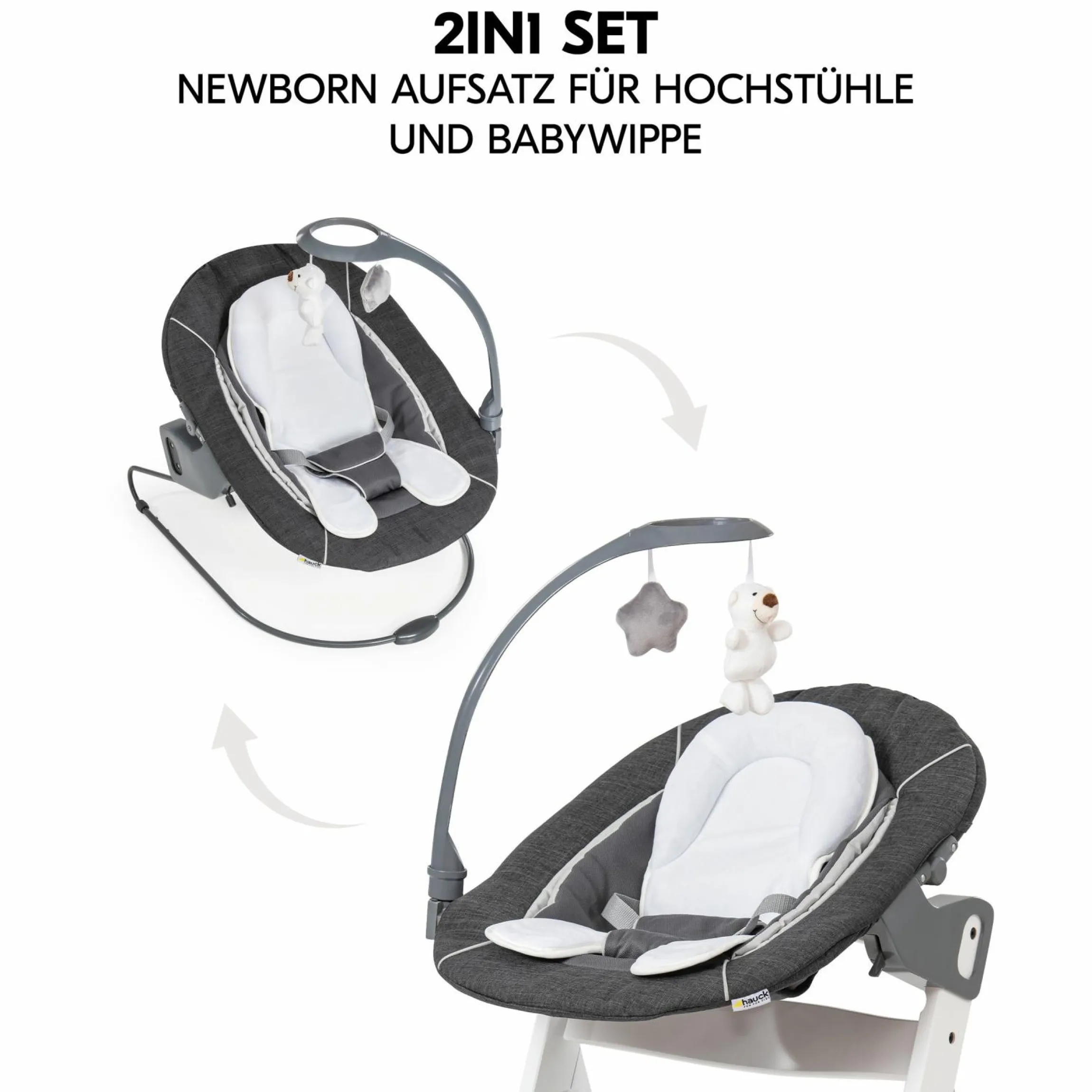 Alpha Move Natur 5-tlg. Newborn Set Deluxe - Hochstuhl + 2in1 Babyaufsatz & Wippe + Essbrett + Sitzkissen - Melange Grey