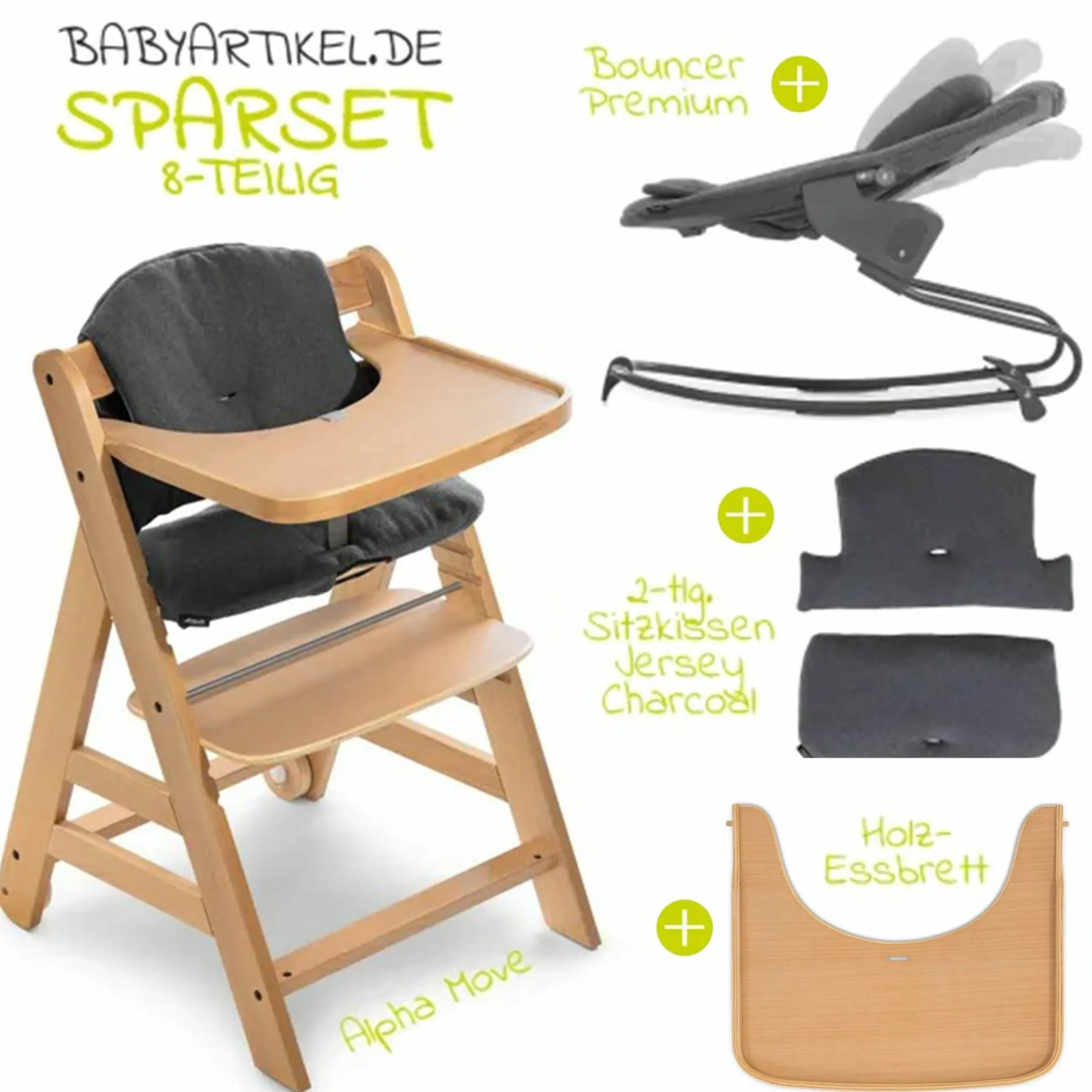 Alpha Move Natur 5-tlg. Newborn Set - Hochstuhl + 2in1 Neugeborenen-Aufsatz & Wippe + Essbrett + Hochstuhlauflage - Jersey Charcoal