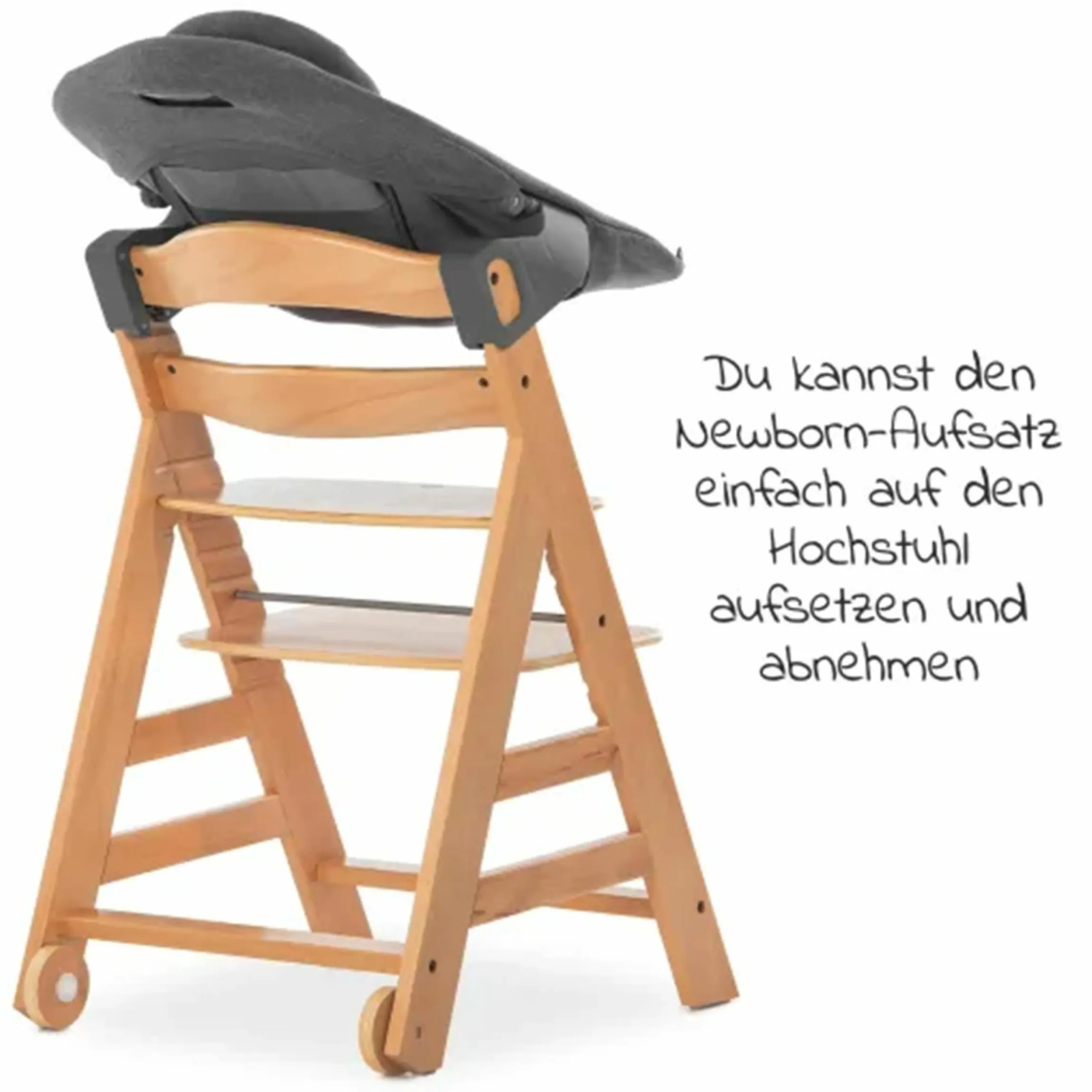 Alpha Move Natur 5-tlg. Newborn Set - Hochstuhl + 2in1 Neugeborenen-Aufsatz & Wippe + Essbrett + Hochstuhlauflage - Jersey Charcoal