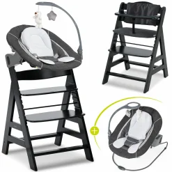 Alpha Plus Black 4-tlg. Newborn Set Deluxe - Hochstuhl + 2in1 Babyaufsatz & Wippe + Sitzkissen - Melange Grey
