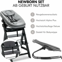 Alpha Plus Black 4-tlg. Newborn Set - Hochstuhl + 2in1 Babyaufsatz & Wippe + Sitzkissen - Dark Grey Melange
