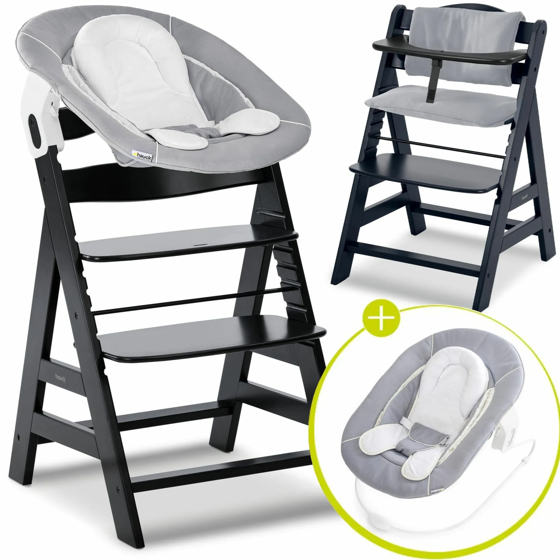 Alpha Plus Black 4-tlg. Newborn Set - Hochstuhl + 2in1 Babyaufsatz & Wippe + Sitzkissen - Stretch Grey